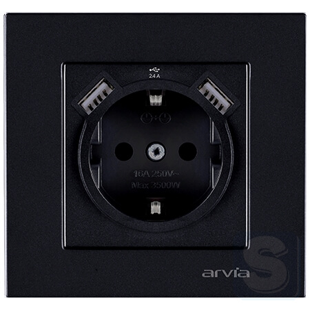 Розетка із заземленням та шторками USB-A + USB-A 5V-2.4A Arvia Electric KAREN Чорний (20 07 2000 300)